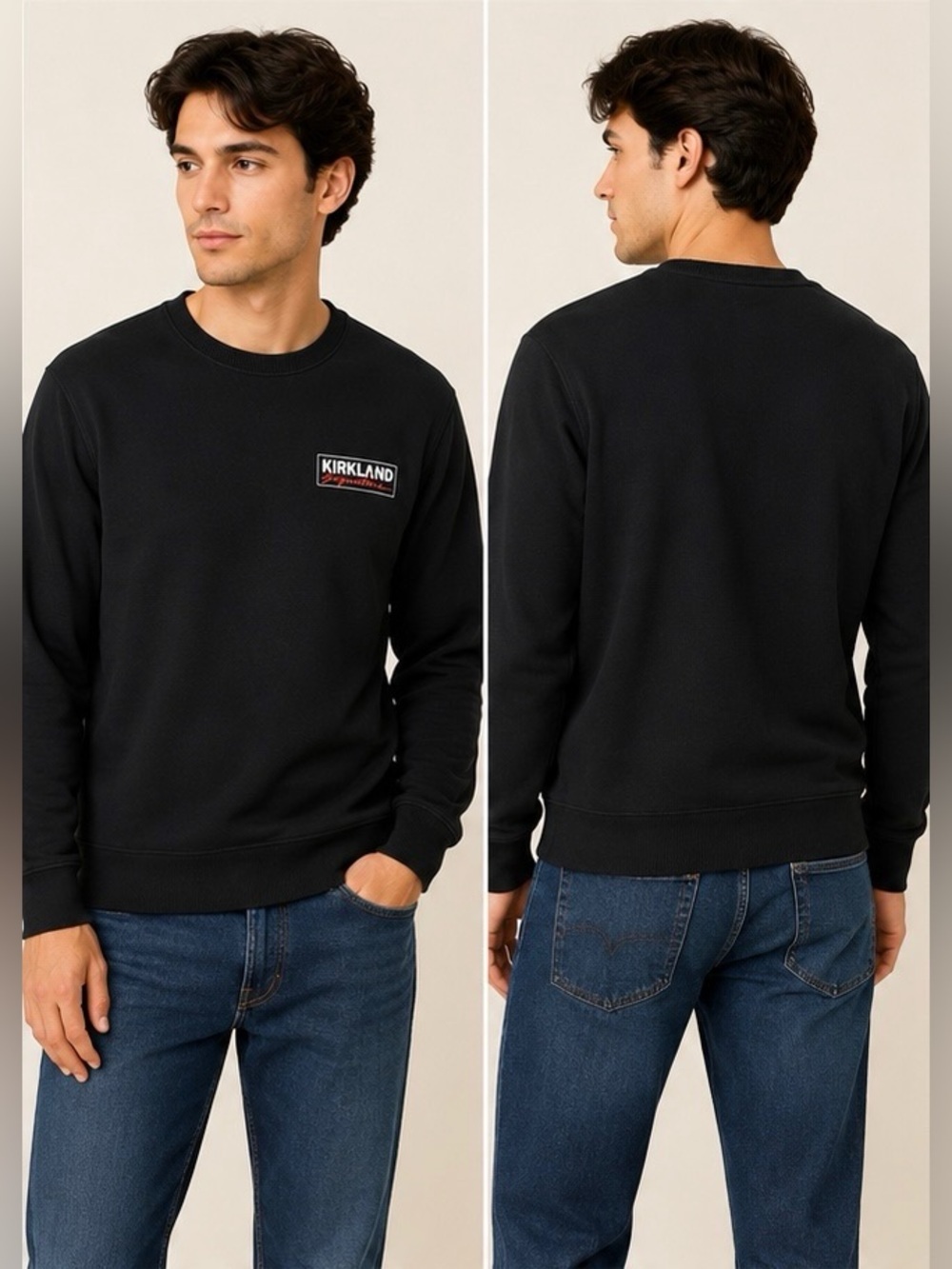 Kirkland Signature Men's Black Crewneck Pullover with Logo Patch